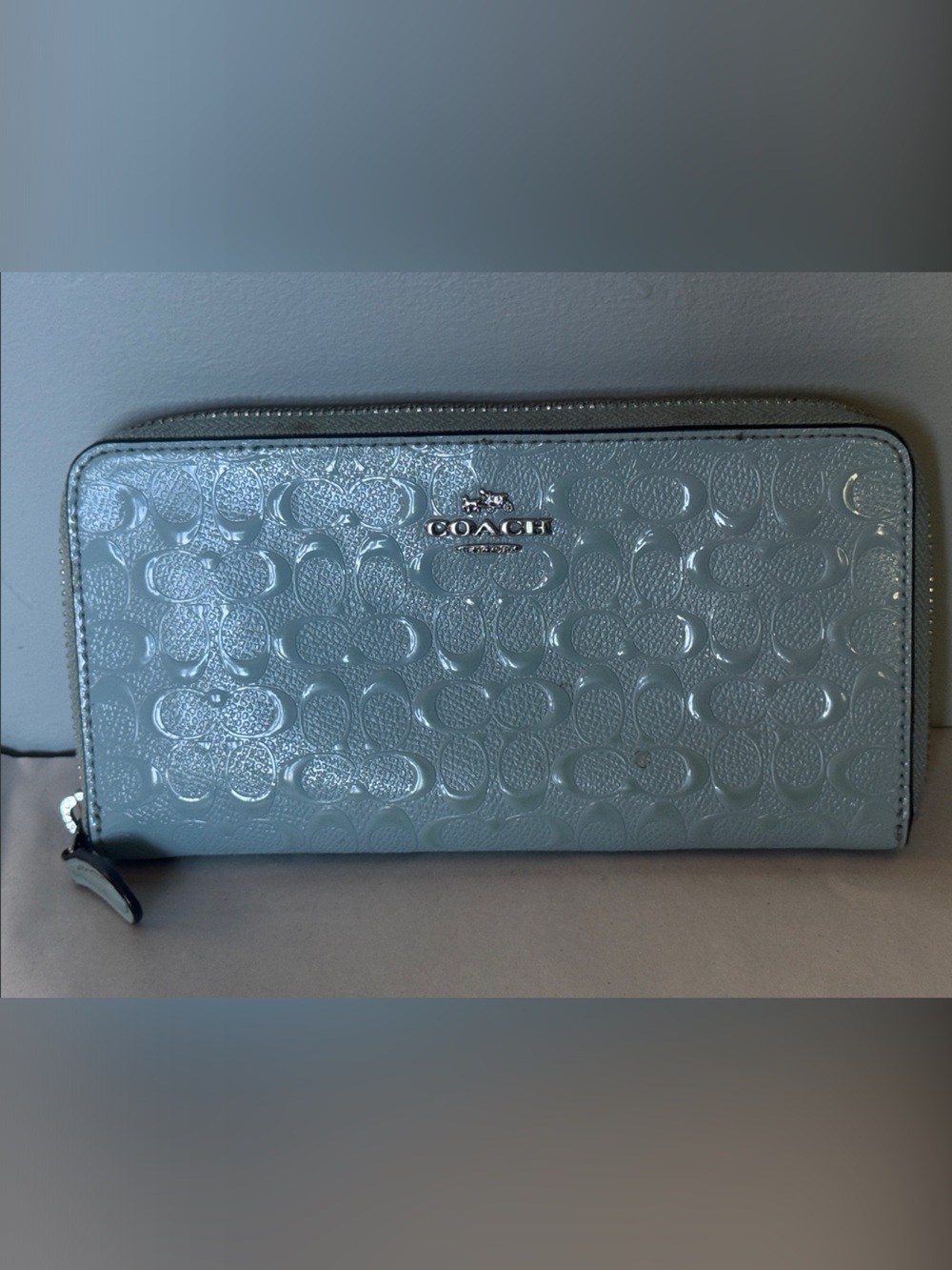 Coach Glossy Patent Zip Wallet in Pale Blue